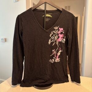 Earth Yoga Black and Pink Floral Long Sleeve V-Neck Top, Size M